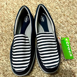 CROCS Black and White Striped Loafers 145